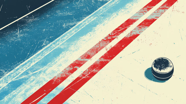 Hockey game banner with puck and red lines on ice rink. Vector poster template, invitation flyer to sport match with background of stadium or arena ice field surface