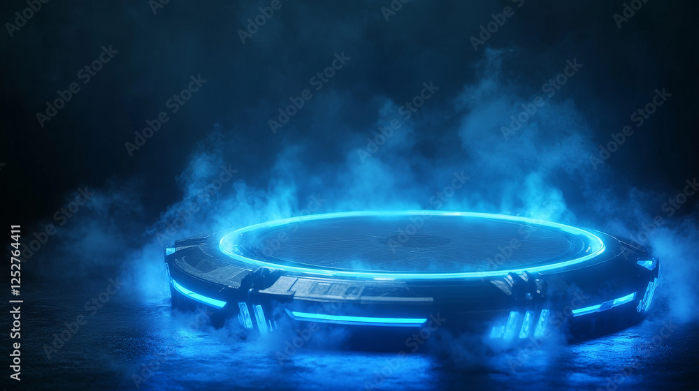 Poster tech hologram light podium with blue neon glow and beams on dark red background with smoke clouds. r