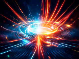 Obraz premium A luminous metallic ring floats on swirling, dark blue water, illuminated by vibrant blue and orange light, creating a futuristic, ethereal scene.