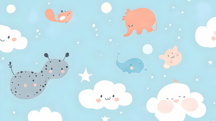 A playful pastel sky featuring cartoon animals floating among fluffy clouds in a whimsical setting.