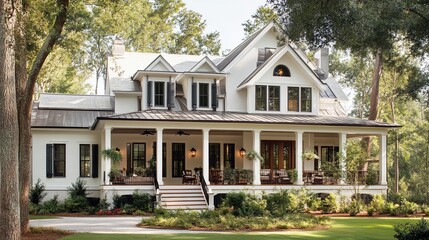 Elegant white farmhouse with large porch surrounded by lush greenery and trees