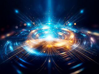 Obraz premium Glowing golden ring encircled by vibrant blue light trails on a dark, reflective surface. Sparkling particles add depth and dynamism to the scene.