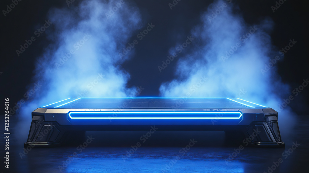 Poster tech hologram light podium with blue neon glow and beams on dark red background with smoke clouds. r