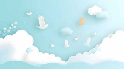 A surreal sky scene featuring a single golden bird soaring among white doves against a soft blue sky.