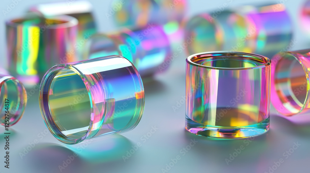 Poster 3d set of holographic round and cylinder shape objects isolated on transparent background. vector re