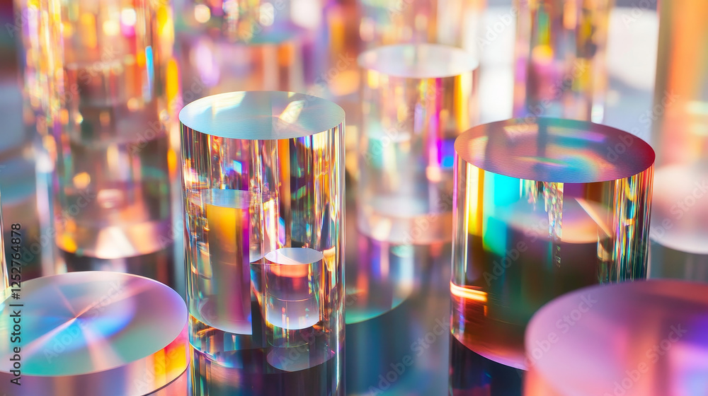 Poster 3d set of holographic round and cylinder shape objects isolated on transparent background. vector re