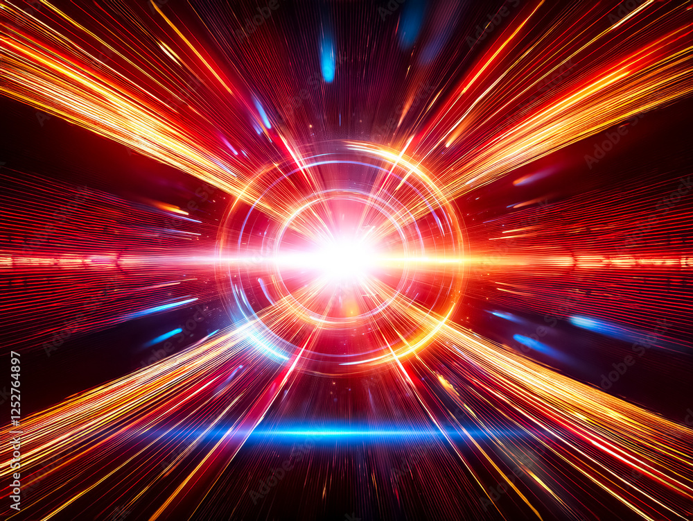 Poster bright light bursts from the center with radial lines in red, orange, and blue, creating a sense of 