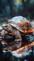 Obraz premium tortoise with patterned shell by water, artistic reflection. nature and wildlife concept