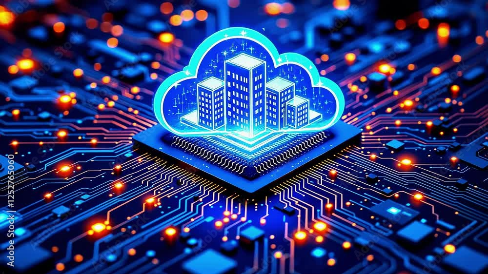Poster futuristic cloud computing concept with city skyline on a microchip, glowing circuit board backgroun