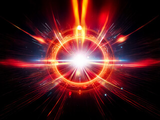 Obraz premium A vibrant, glowing ring of orange and blue energy radiates light, a bright core at its center against a dark, space-like background. The energy pulses outward, creating a dynamic, cosmic effect.