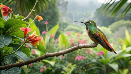 Fototapeta premium Hummingbird with vibrant feathers perched on a thick branch in a tropical garden, wildlife, tropical, colorful, branch