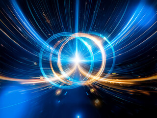 Fototapeta premium A vibrant burst of light radiates outward, forming dynamic circles with blue and orange trails, creating a futuristic and energetic visual.