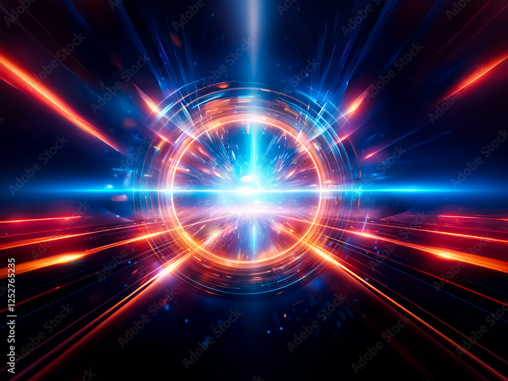 Poster abstract light burst emanating from the center, showcasing vibrant blue and orange rays. dynamic and