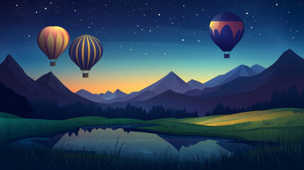 Fototapeta premium Hot air balloons flying in night sky cartoon background with separated 2d layers ready for game animation. Mountains valley with pond and field, scenery nature landscape, Parallax effect vector scene