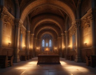 Fototapeta premium Illuminated interior of an ancient church with intricate stone carvings and ornate details, stone carvings, ornate details, architectural details