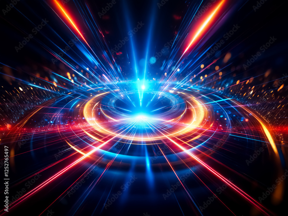 Poster A dynamic burst of vibrant blue and red light streaks radiates from a central point, creating a futuristic and abstract design with a sense of speed and energy.