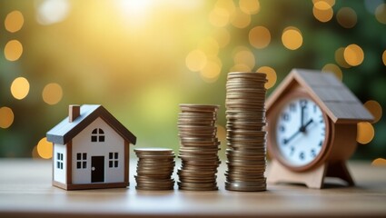 Real Estate Investment and Savings Growth – Wooden House Model, Coins, and Clock