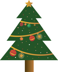 Flat Christmas Tree Illustration with Festive Decorations and Golden Star, Christmas Tree Clipart Decorated with Ornaments