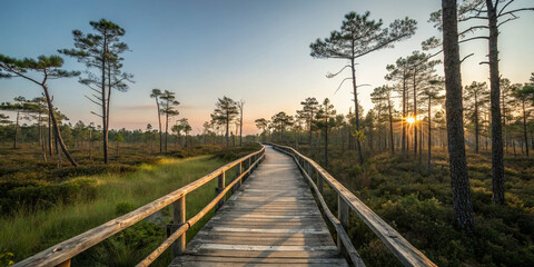 Nature boardwalk trail surrounded by tall trees and a golden sunrise, inviting a peaceful outdoor experience