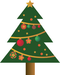 Flat Christmas Tree Illustration with Festive Decorations and Golden Star, Christmas Tree Clipart Decorated with Ornaments