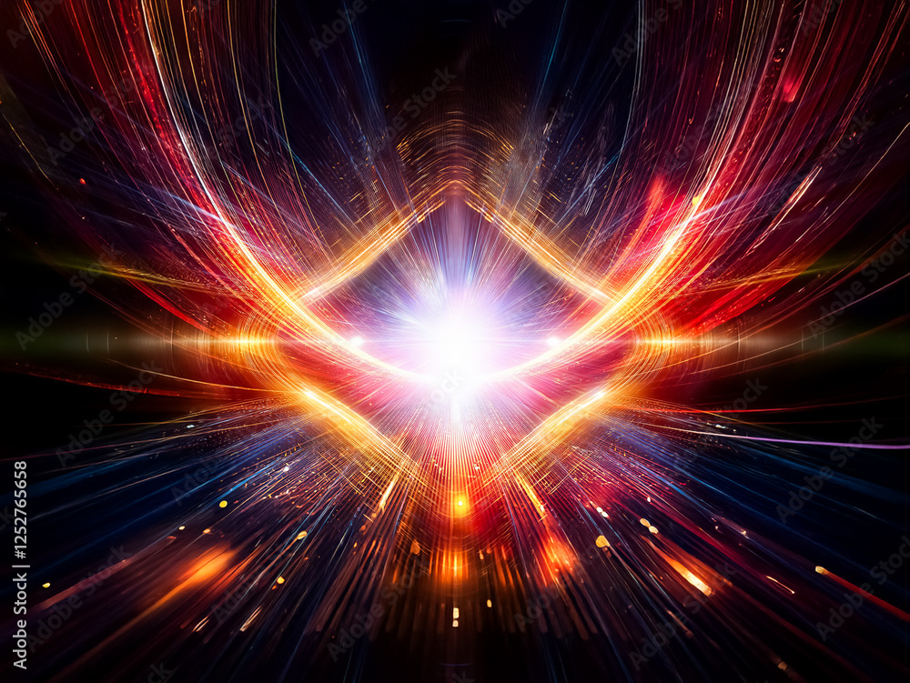 Poster abstract vibrant light explosion with radiating curved lines, creating a dynamic and energetic compo