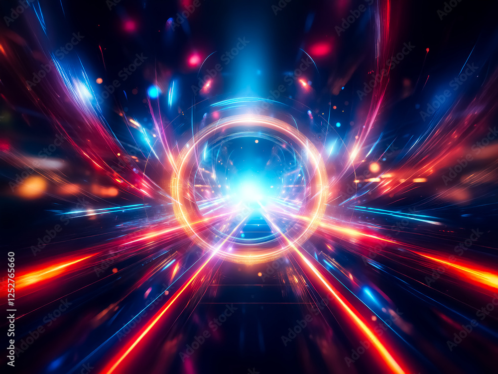 Poster vibrant blue and red light streaks converge towards a bright central ring on a dark backdrop, creati