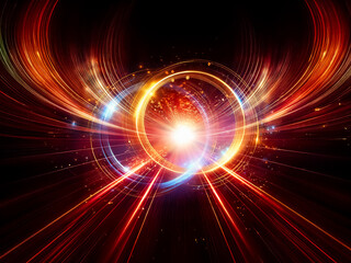 Obraz premium Abstract image of bright light source with radiating lines and circles. Red, orange, and yellow hues convey energy and dynamic motion on a black backdrop.