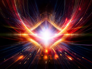 Obraz premium Abstract vibrant light explosion with radiating curved lines, creating a dynamic and energetic composition on a dark background.