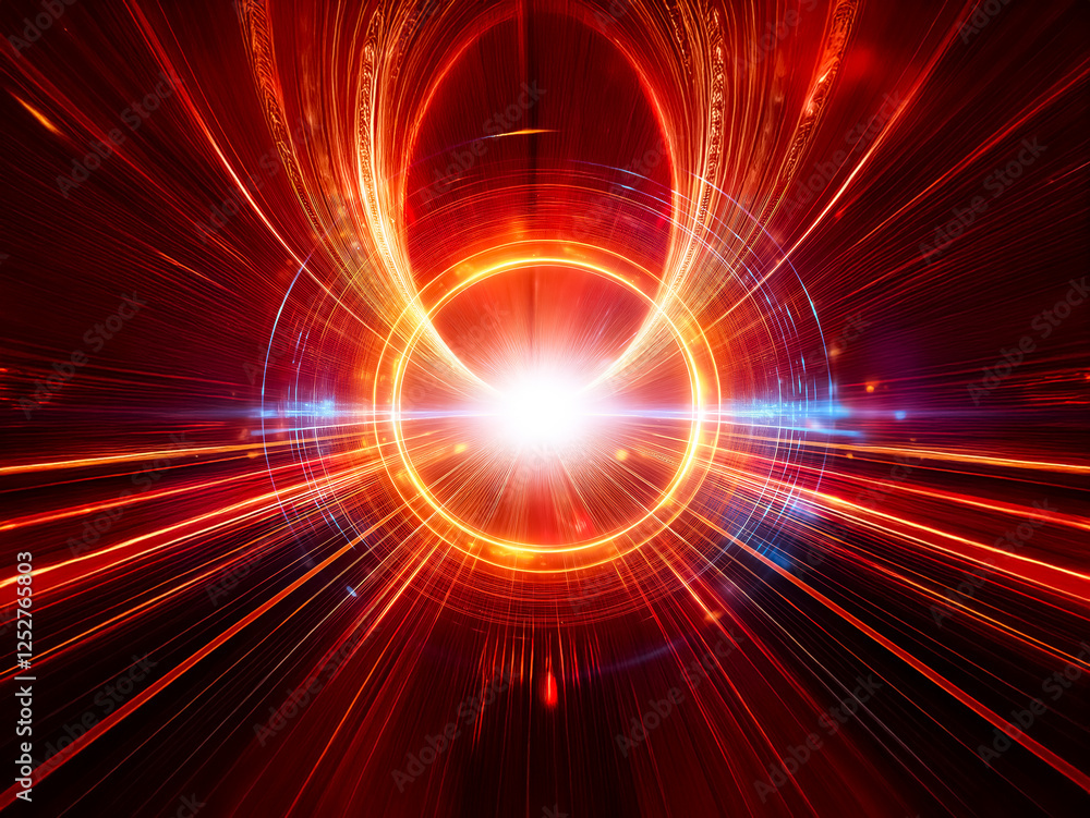 Poster intense blue and orange energy rings swirl around a bright central light, creating a mesmerizing cos