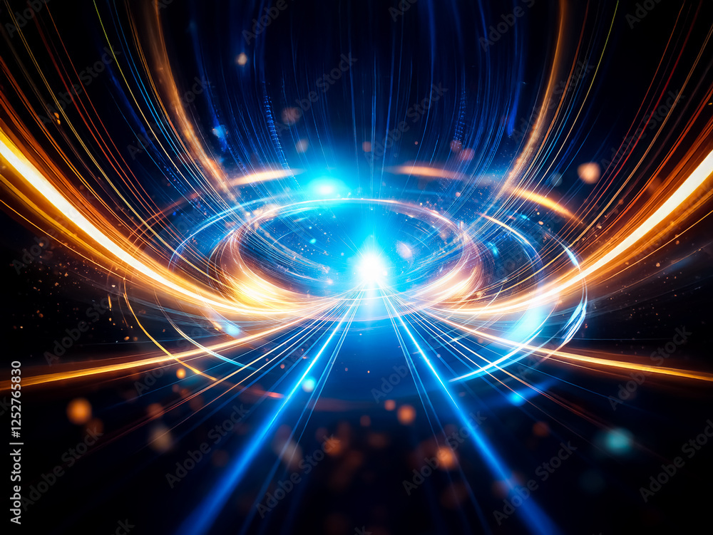 Leinwandbilder A vibrant display of abstract glowing light streaks in blue and orange emanate from a central point, creating a dynamic and energetic visual effect against a dark background.