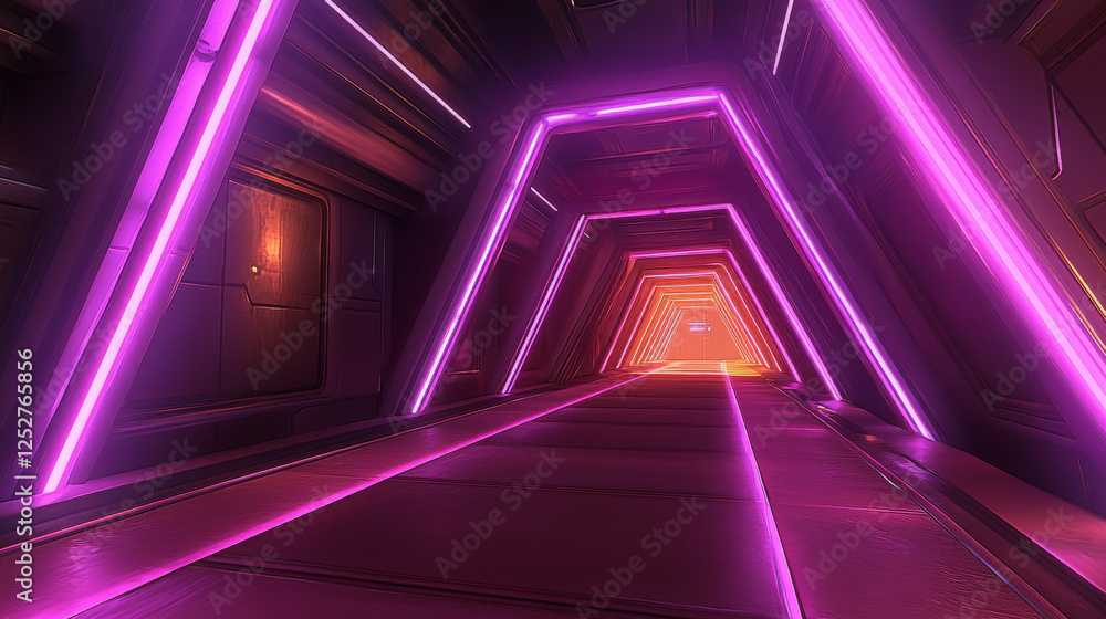 Aufkleber neon light tunnel perspective. vector realistic illustration of dark hall with triangular shape geom