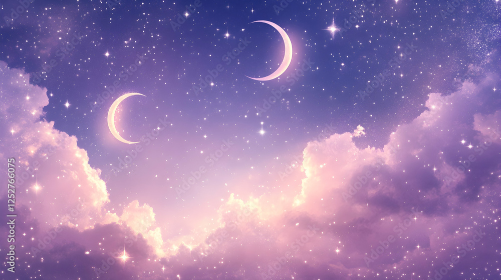 Sticker a mystical night sky background with multiple glowing crescent moons and sparkling stars on a deep p