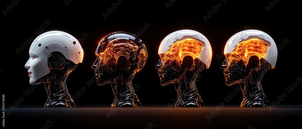Poster group of three helmets with flame designs and advanced ai avatars enhancing online interactions