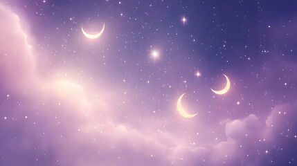 A luminous night sky background with glowing crescent moons and sparkling stars against a light purple and pink hue.
