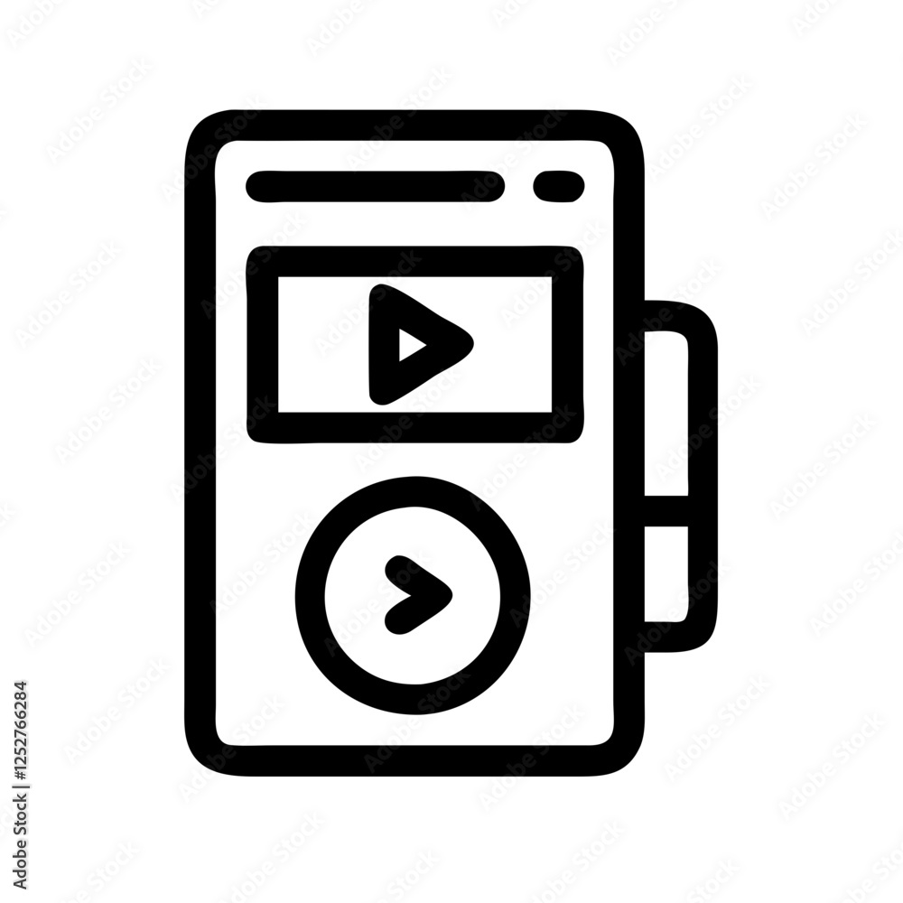 Poster music player device with play button and screen for audio enjoyment and entertainment on clear backg