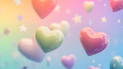 A charming, soft background with floating 3D rendered hearts in pastel tones of green, pink, and red.
