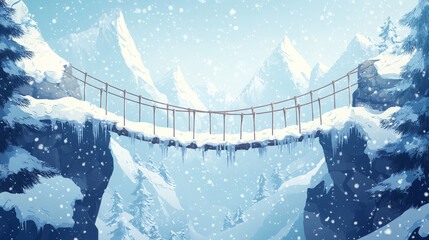 Parallax game background winter 2d layered landscape with mountain suspended rope bridge above deep cliff under falling snow. Scenery rocky nature view, panoramic interface Cartoon vector illustration