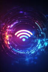 Fototapeta premium Light-emitting data transmission. Smart device interaction, beeping frequency. Neon signals in circular motion. Wi-Fi symbol with radar waves displaying internet speed