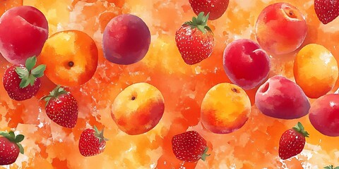 peaches and strawberries, watercolor painting, fresh fruit composition wallpaper, harvest summer banner, artistic illustration for kitchen decor, packaging and design, orange red card with copy space