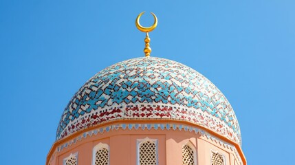 Ornate mosque dome under blue sky, religious architecture