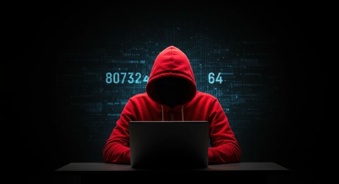 Anonymous person in red hoodie using laptop in dark room with digital numbers on background - Powered by Adobe