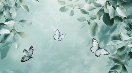 A serene, soft blue-green background with delicate leaves and flying white butterflies.
