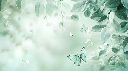 A light, ethereal background with soft green leaves and a few delicate butterflies in motion.
