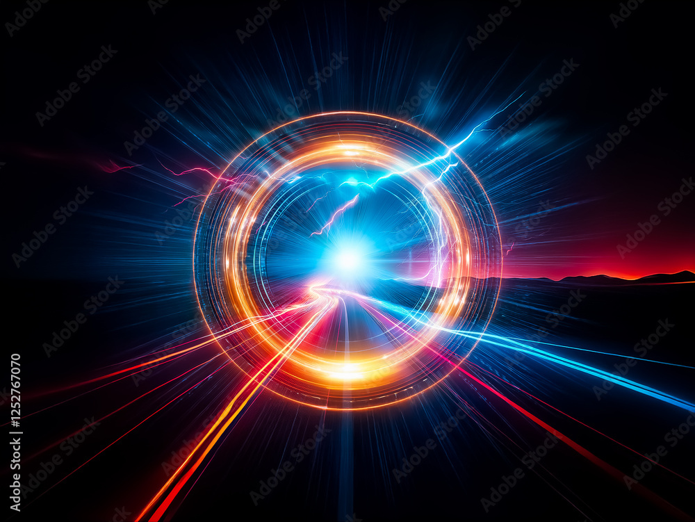 Poster abstract glowing circle emits radiating beams of blue and orange light against a dark backdrop. vibr