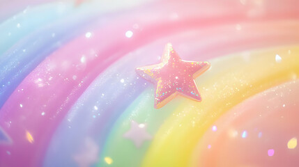 A bright, soft rainbow background with a large 3D-rendered pastel pink star at its center.
