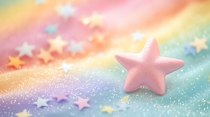 A vibrant, glittery rainbow background with a prominent pink star and scattered star shapes.
