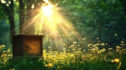Sunlight through trees on flowers and wooden box
