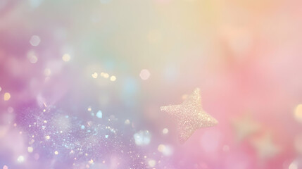 A hazy, soft pastel background in muted tones of light blue and beige with shimmering star shapes.
