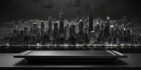 large metallic plate on a dark brushed black background with a stylized cityscape scene in the foreground, stylized city, metallic plate, high-rise buildings