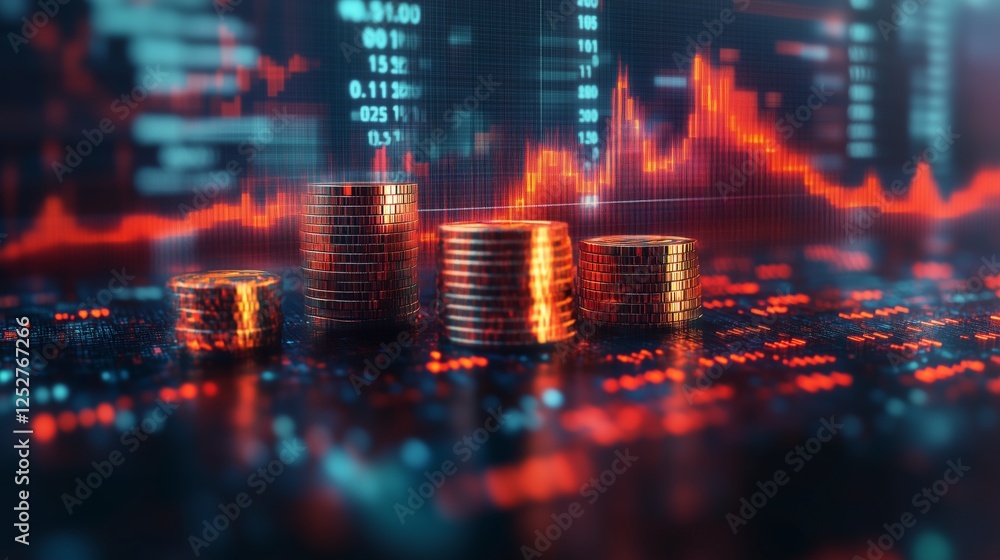 Poster digital finance data overlay with stacked coins and market graphs in the background showing upward t